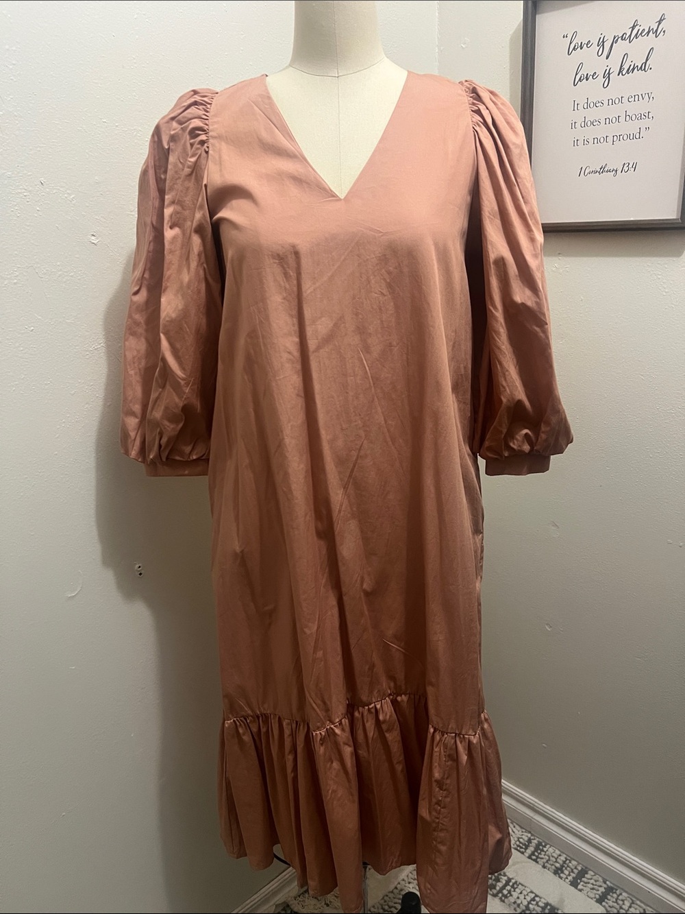 a new day Puff Sleeve V-Neck Midi Dress in Dusty Rose